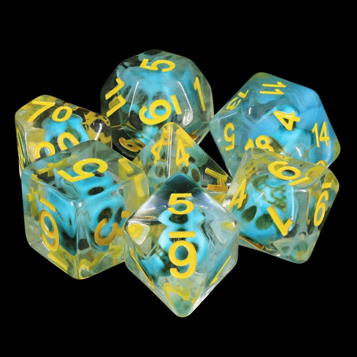 Turquoise Treasure Skull Dice Blue/Yellow Halloween Resin 7-Dice -