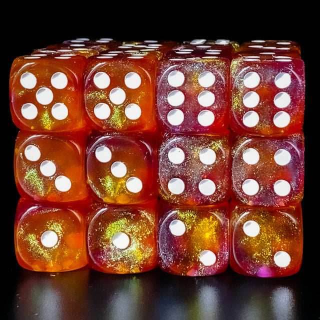 Purple & Orange 16mm Glitter Pipped Dice -