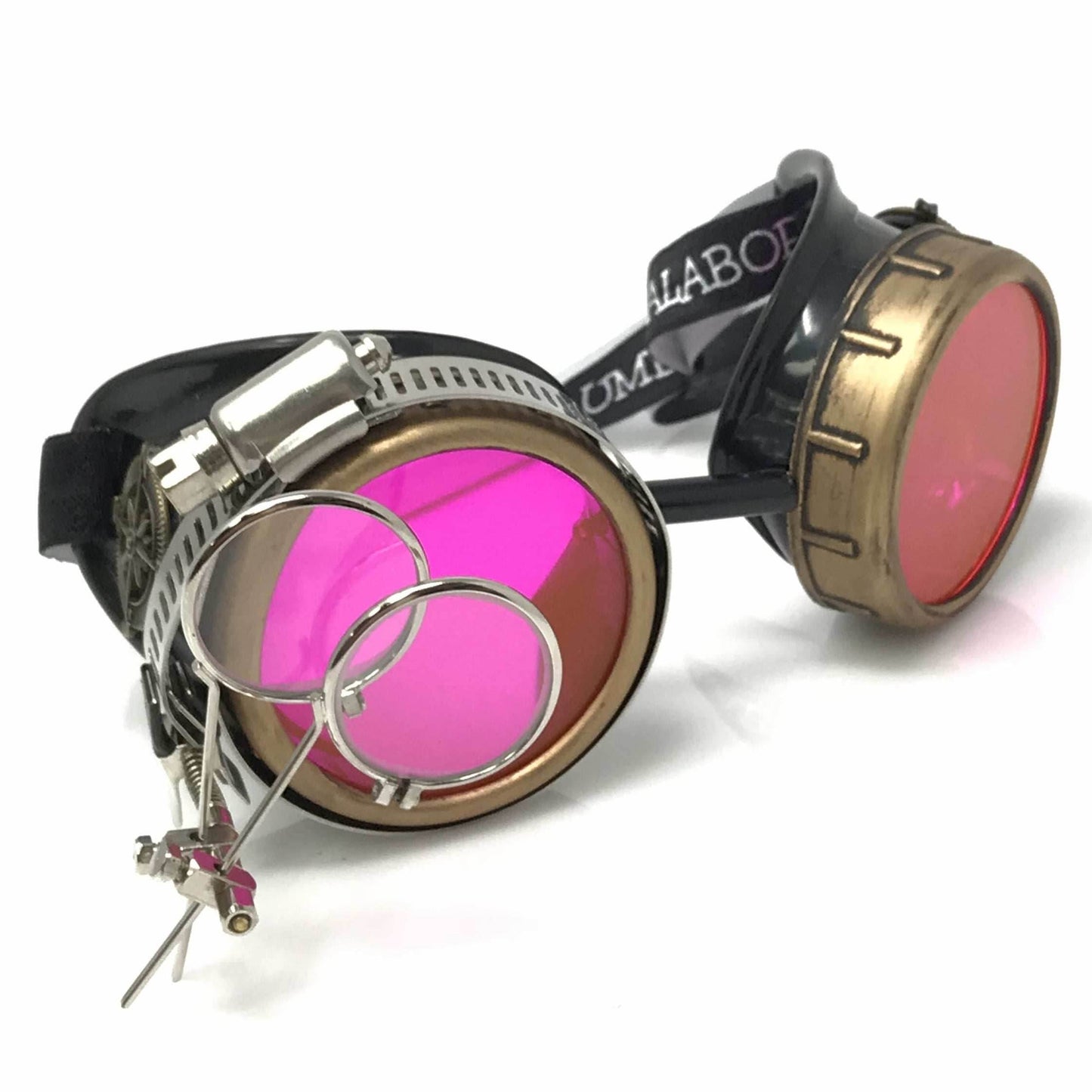 Steampunk Goggles with magnifying loupes UV glow neon pink prism diffraction lenses -