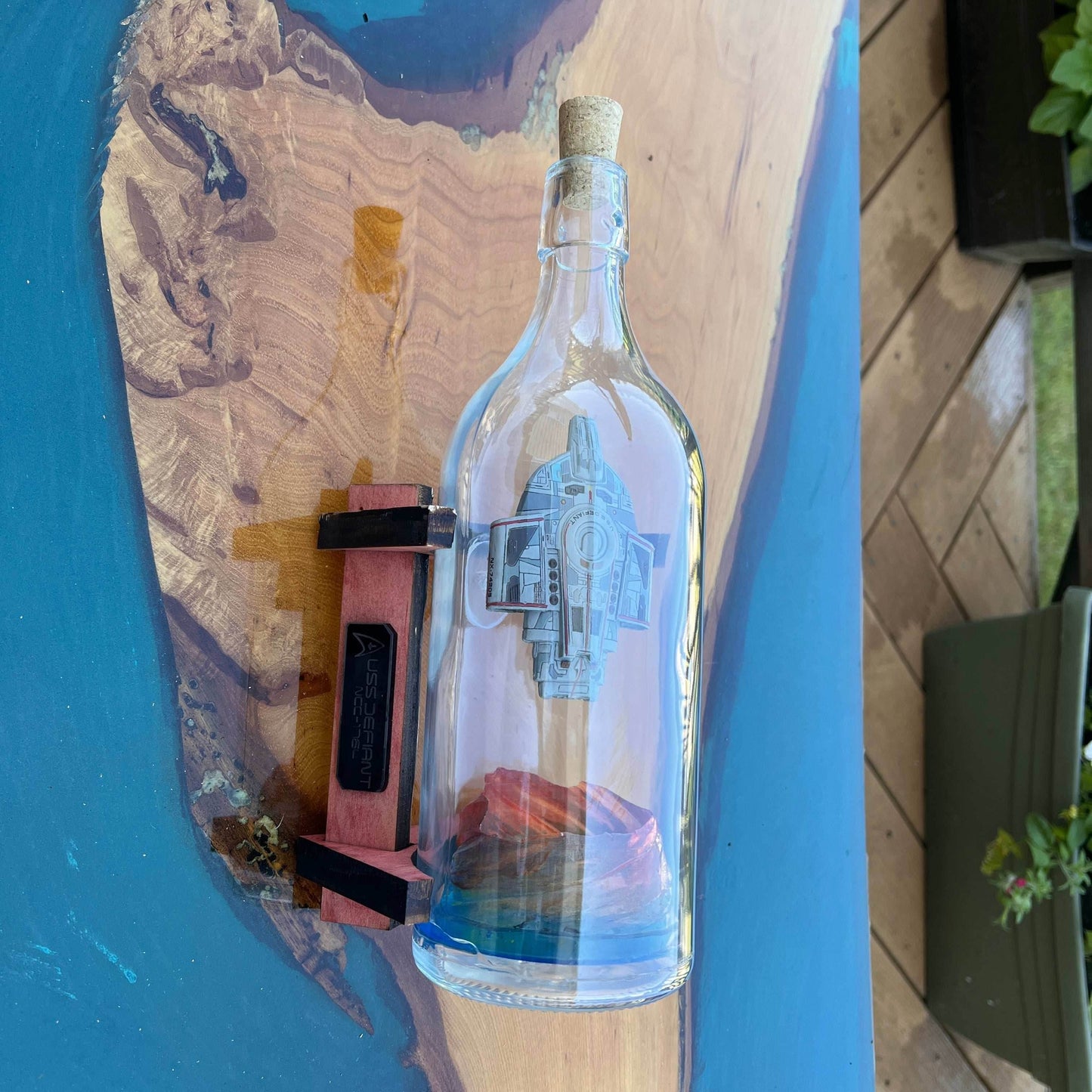 Star Trek USS Defiant and Wormhole in a Bottle - With Stand