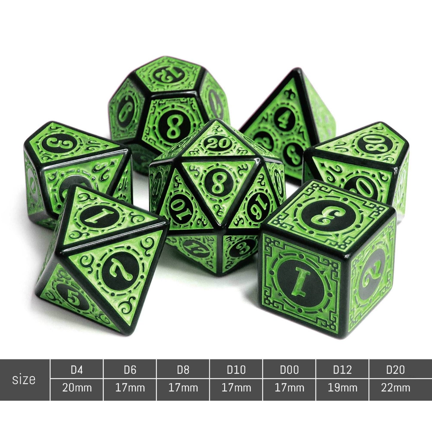 Green Magic Flame 7-Dice Set DND RPG Dice Black w/Color Fill -