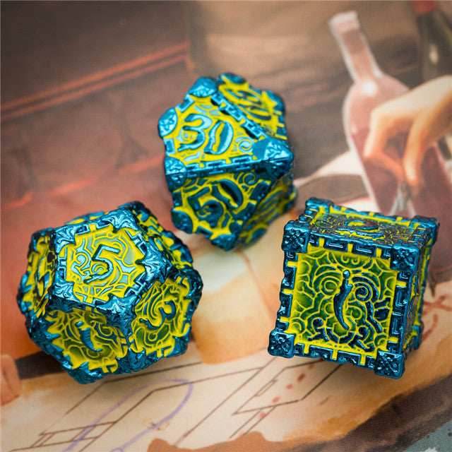 Blue and Yellow Metal Dice(Dagger of Venom)7-Dice Udixi RPG -