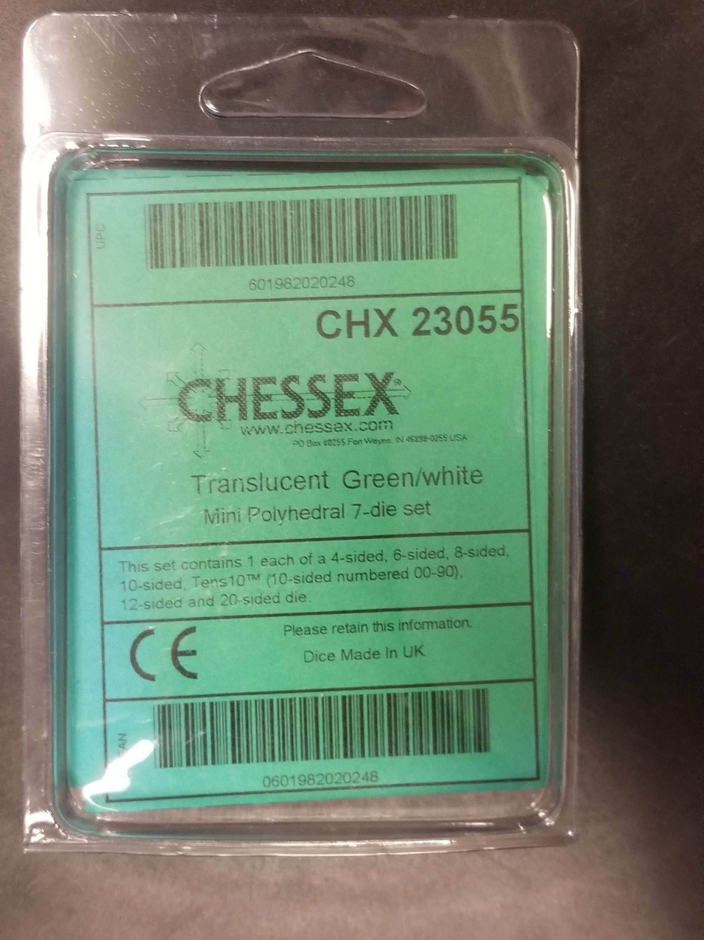 Chessex Translucent Green w/ White Mini Polyhedral 7-die Set CHX 23055 OOP -