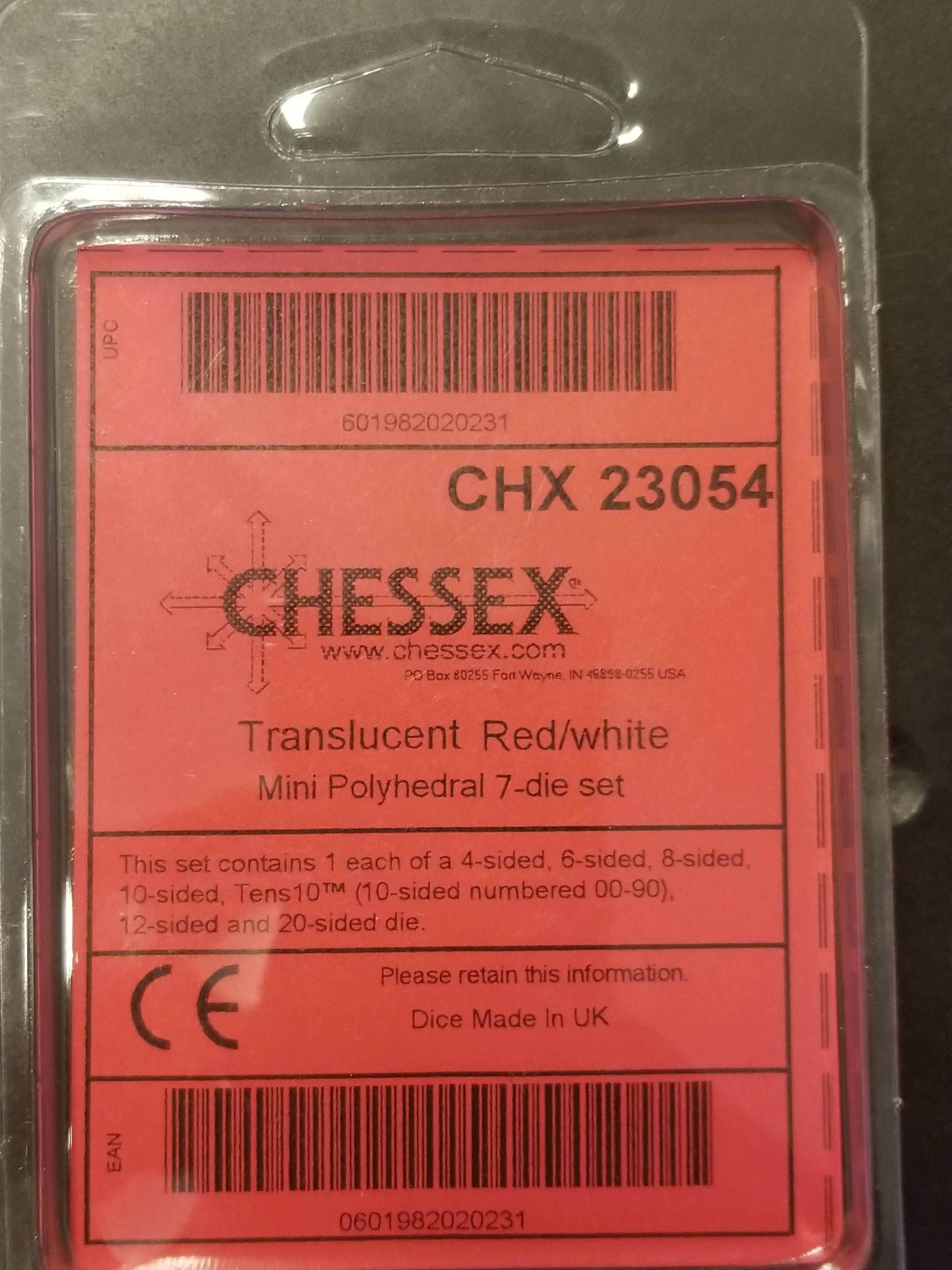 Chessex Translucent Red w/ White Mini Polyhedral 7-die Set CHX 23054 OOP -