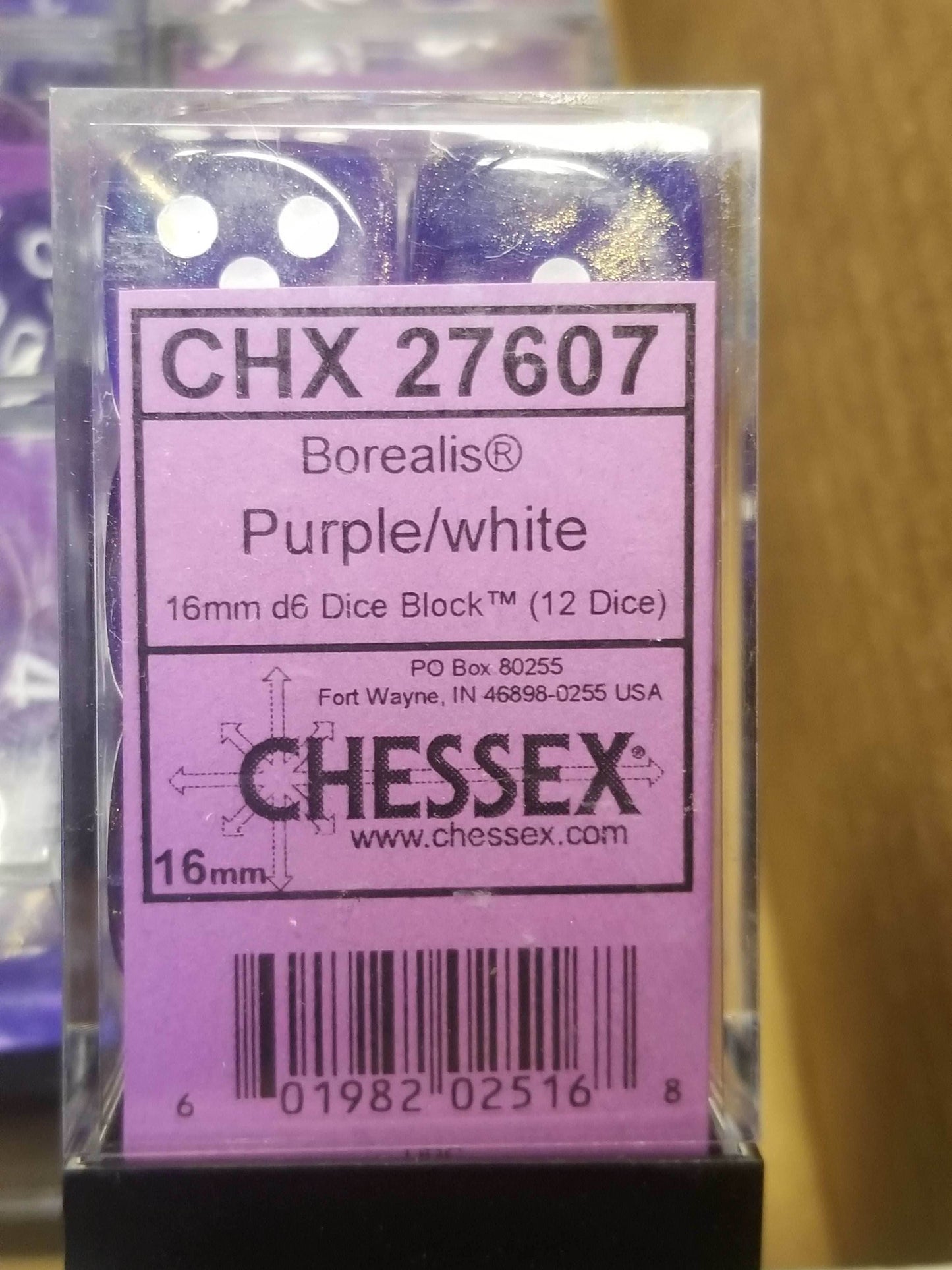 CHX 27607 16mm Block Borealis Purple w/ White Numbers Dice Set Chessex -