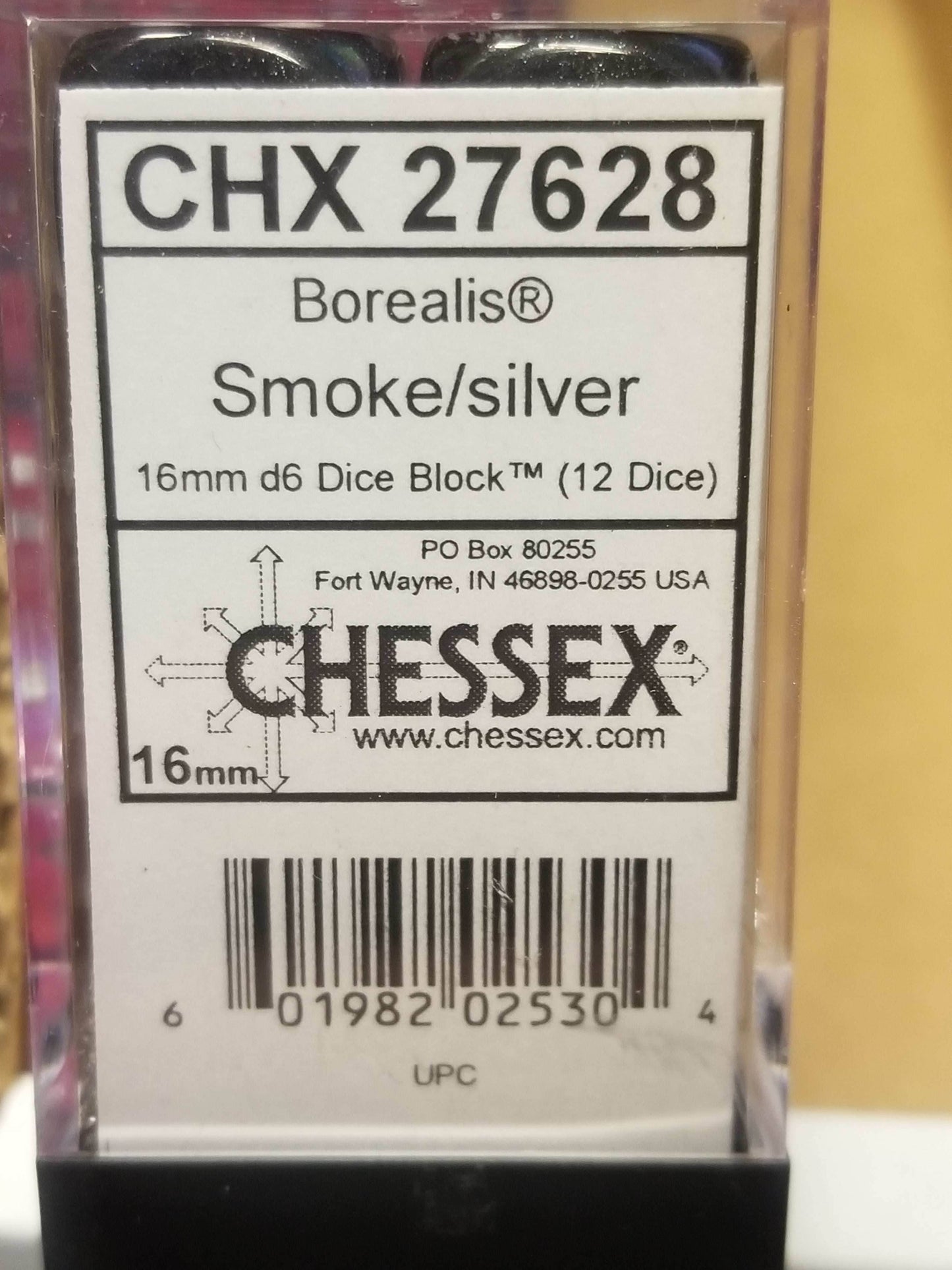 CHX 27628 16mm Block Borealis Smoke w/ Silver Pips Dice Set Chessex -