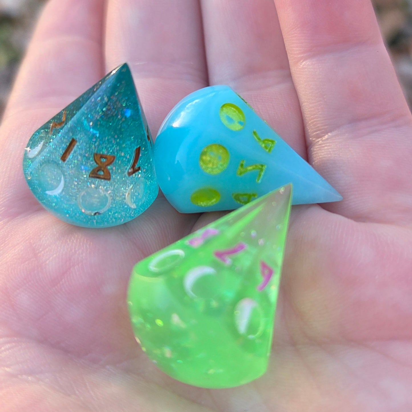 'It's Just a Phase' Moon Phase D8 Alternative Shaped Orb TTRPG Handmade Resin Polyhedral Gaming Dice