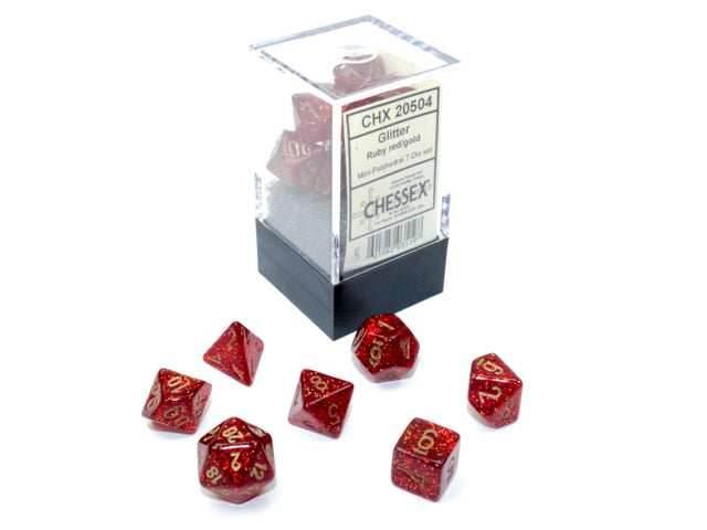 Glitter Mini-Polyhedral Ruby Red/gold 7-Die Set (Mini Poly Release 1) -