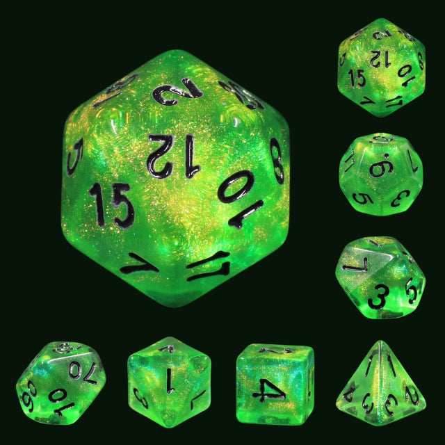 Forest Green Glitter with Black Numbering 7-Dice Set RPG -