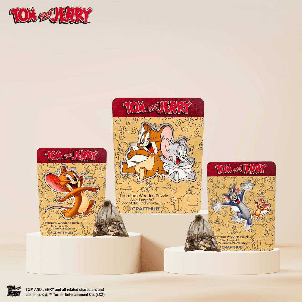 Cheerful Tom & Jerry Wooden Jigsaw Puzzle - A4 + Wooden Gift Box