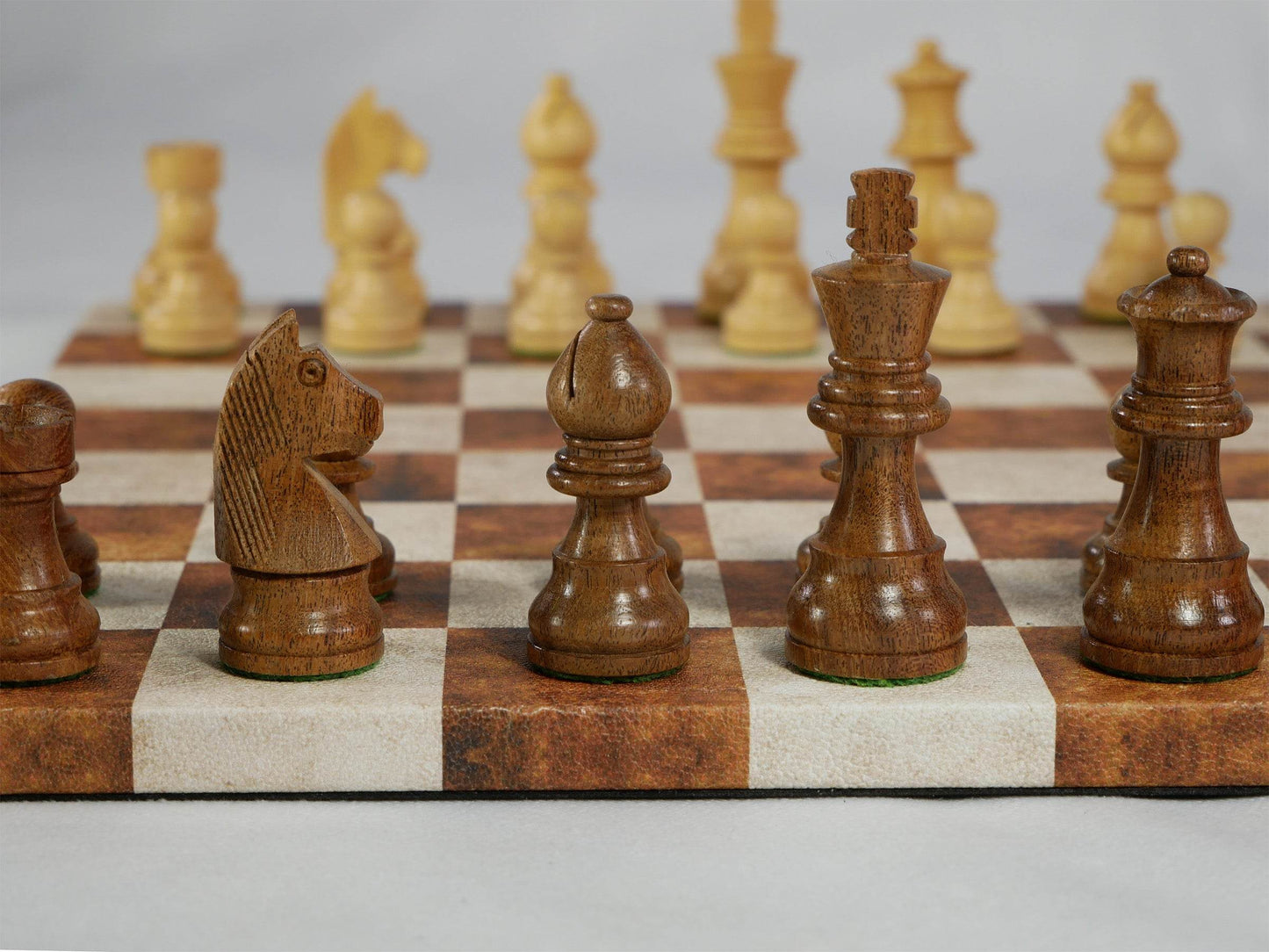 Chess Set - Sheesham/Boxwood German Knight on Caramel & Cream Leatherette Board -