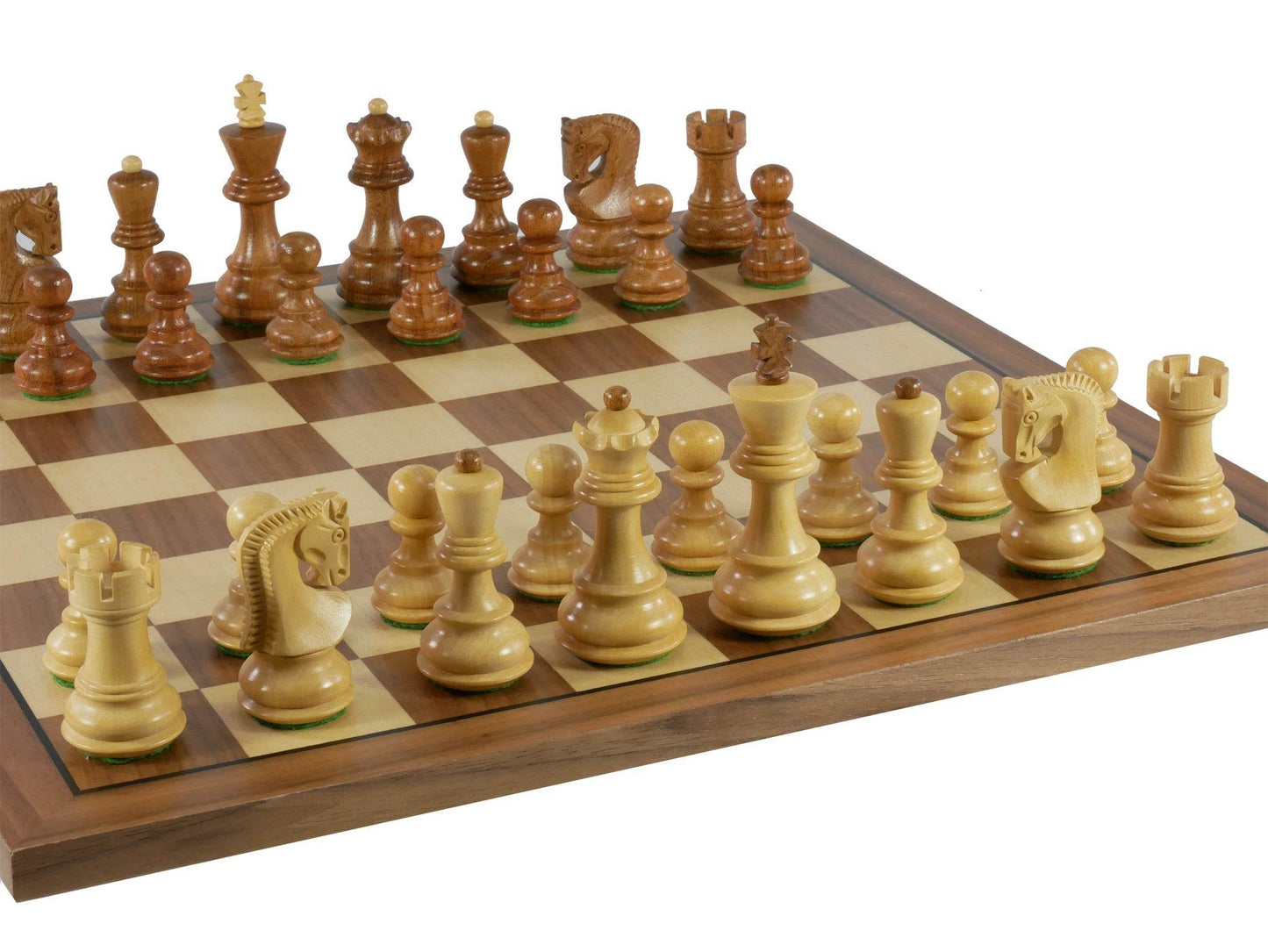 Chess Set - 3" Sheesham/Boxwood Opposite Tops on 14" Walnut/Maple Chess Board