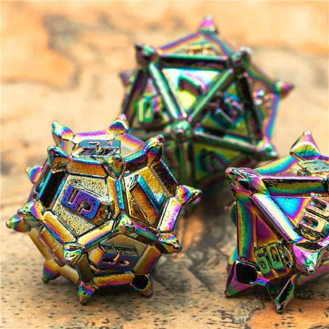 Rainbow Pinwheel Strengthened Metal 7-Dice Set | Metal DND Dice -