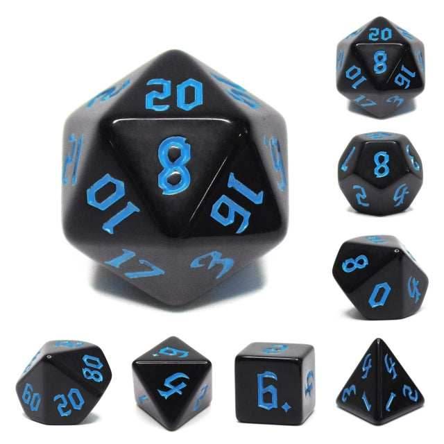 Economy Black Dice (Blue font) 7-Dice Set RPG DND -