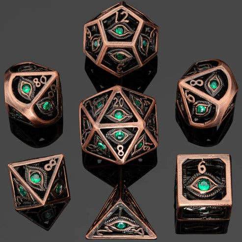 Dragon's Eye Hollow Metal Dice Set - Emerald Green Gems -