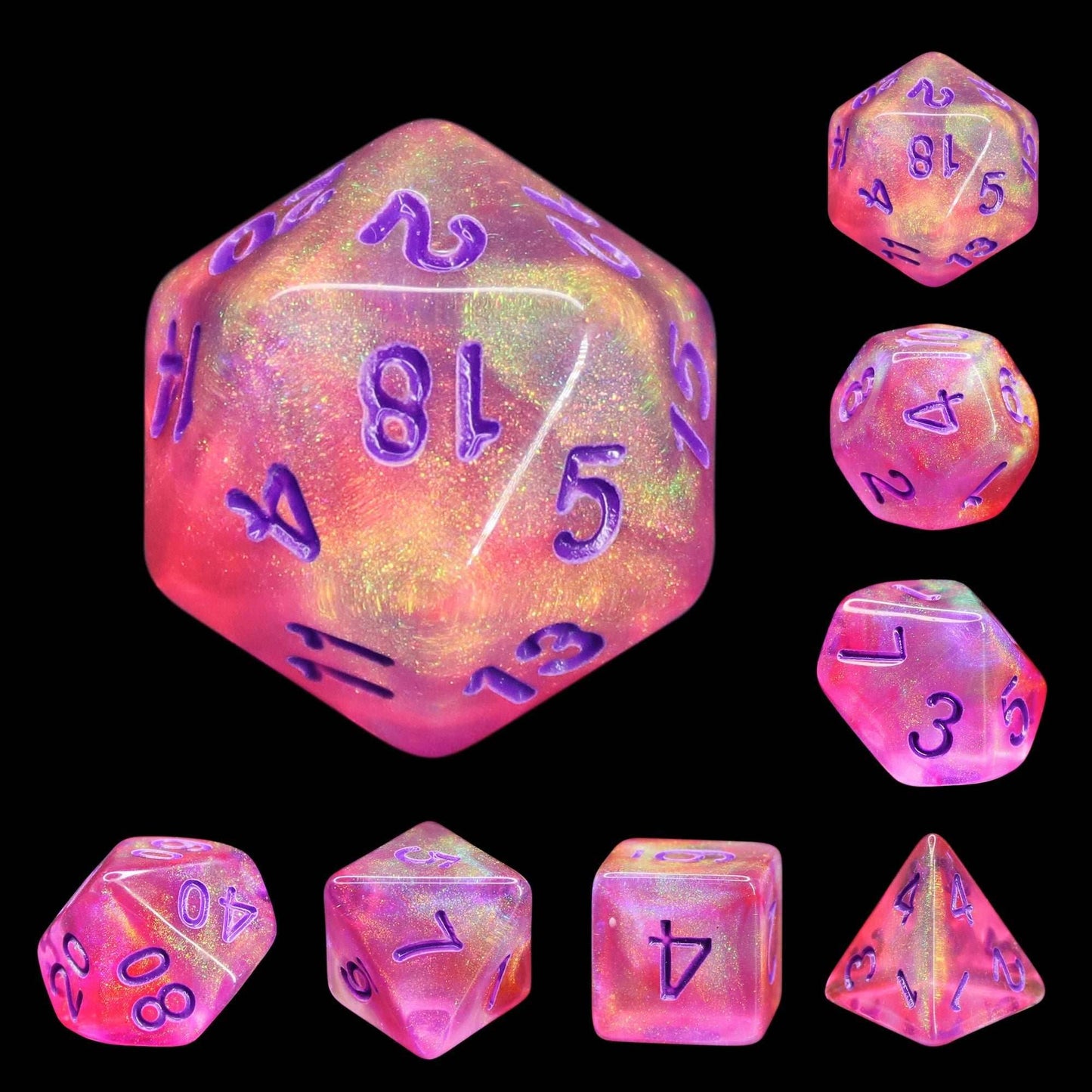 Cheshire Glitter Pink with Purple Numbering 7-Dice Set RPG -