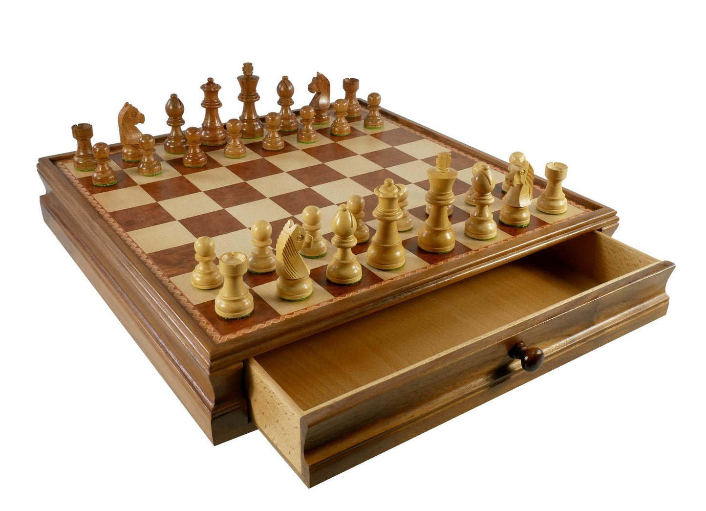 Chess Set - Walnut/Maple Chest and Single Weighted Chessmen -