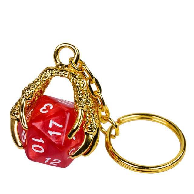 Claw Red D20 Keychain Featuring Gold Metal Dragon Claw + d20 -