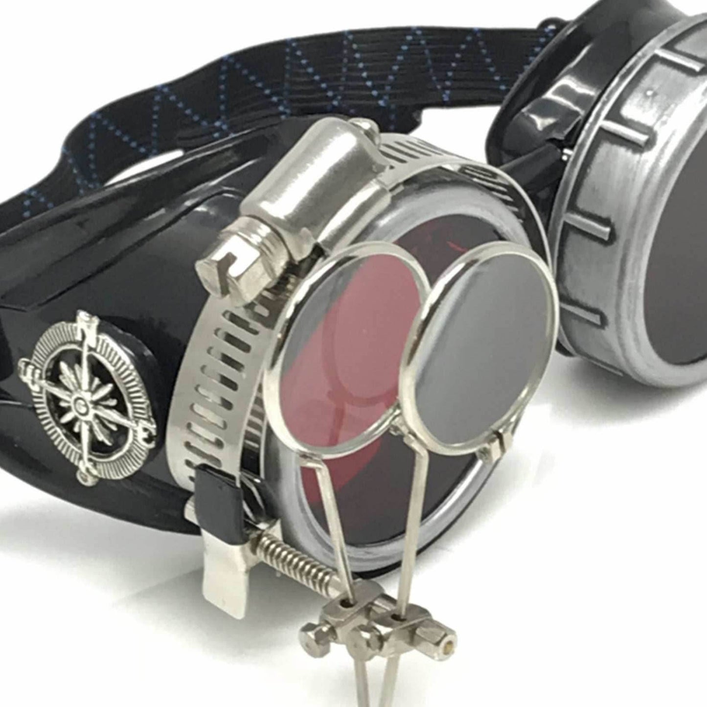 Diesel goth punk Metallic Goggles with magnifying eye loupes red lenses -