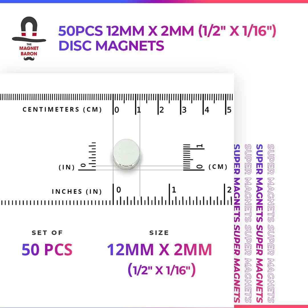 50pcs 12mm x 2mm (Approximately 1/2" x 1/16") Disc Magnets