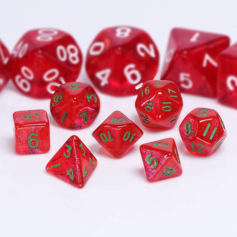 Glitter Red 7-Dice Mini-Dice RPG Set w/Green Numbers Miniature Dice -