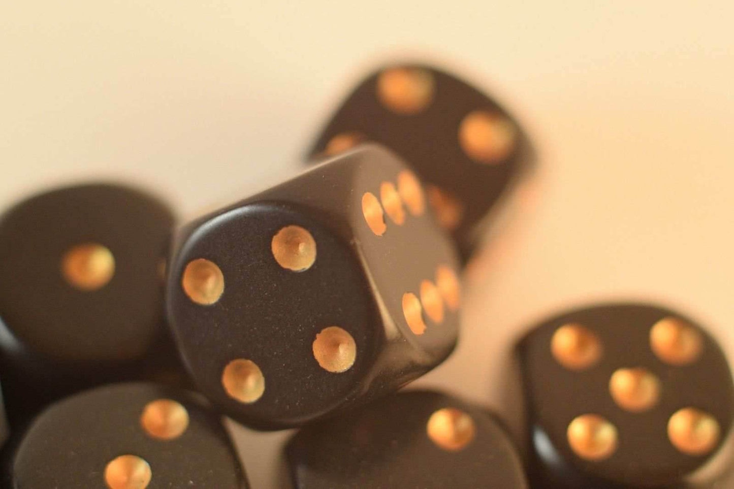 Opaque 16mm D6 RPG Chessex Dice (10 Dice) Solid Black with Gold Pips Bunco -