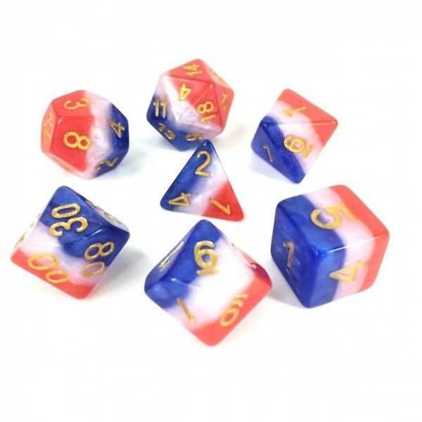 Red White and Blue Layered Poly Dice Set with Gold(7) New RPG DnD American Flag -