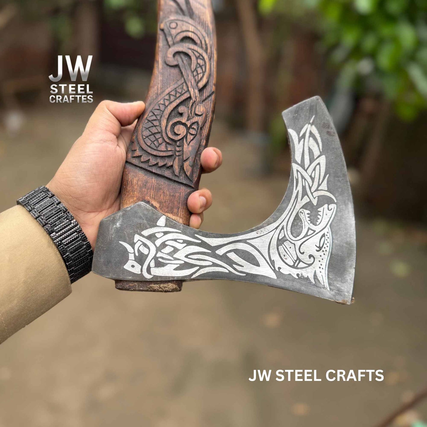 Hand-Engraved Viking Bearded Axe with Carved Hardwood Handle – Damascus Steel Blade | JW SteelCrafts