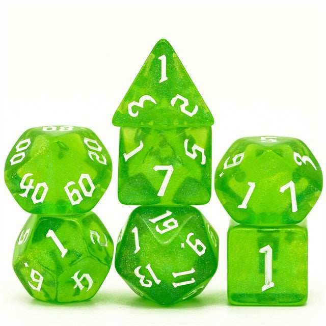 Deep Green Glitter Party Dice (White font) 7-Dice Set RPG DND -
