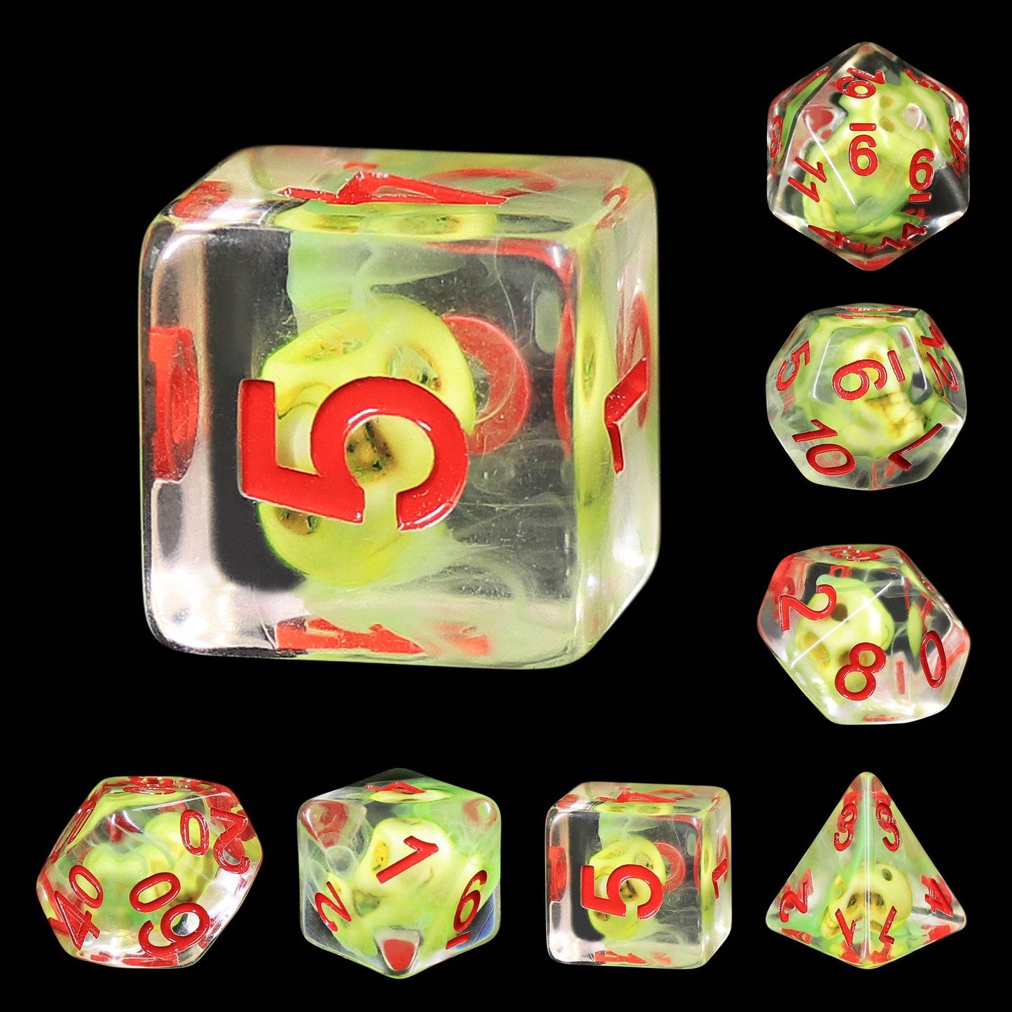 Sulfur Skull Dice Green/Red Halloween Resin 7-Dice -