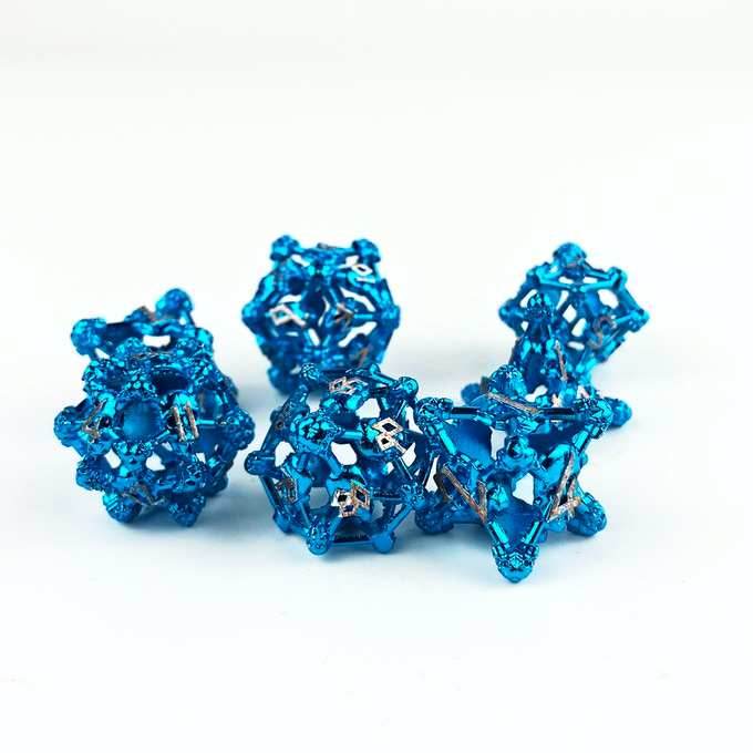 Blue w/Copper Deadly Skull Dice Hollow Metal 7-Dice Set - 7-Dice Set