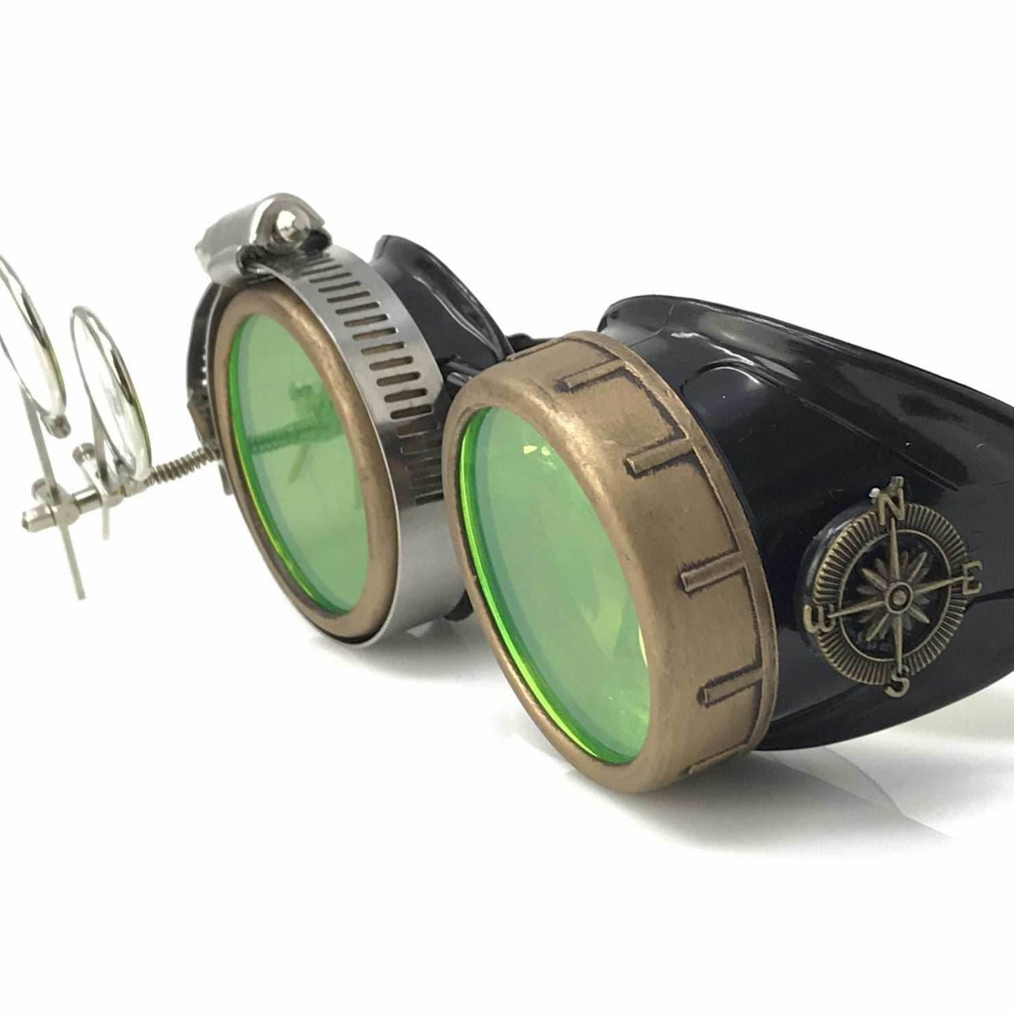 Steampunk Goggles with magnifying loupes UV glow neon green lenses -