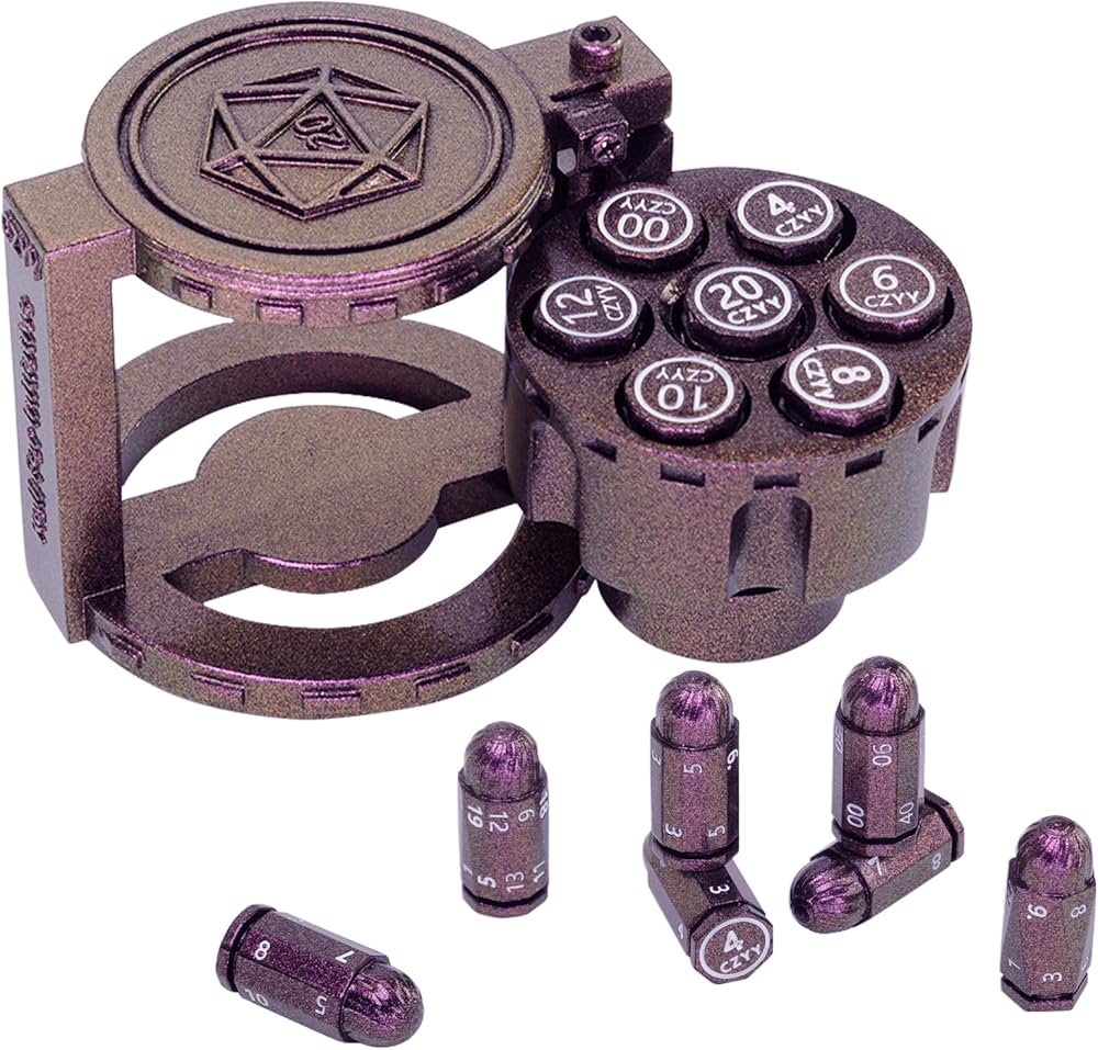 Metal Bullet Dice Set of 7 with Spinning Revolver Cylinder Container - Purple