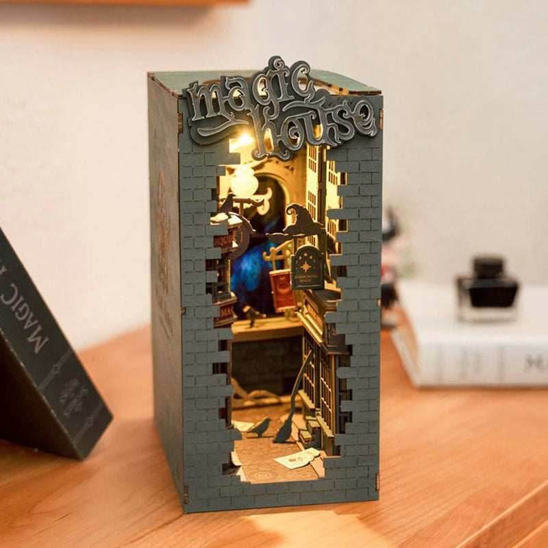 DIY Wooden Book Nook Kit – Sakura Densya Miniature Dollhouse with LED Light - C