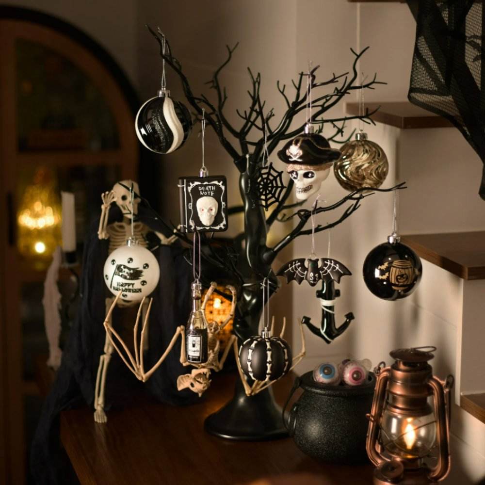 Halloween Christmas Tree Ornaments Set, 70-Piece Black & White Gothic Ornaments -