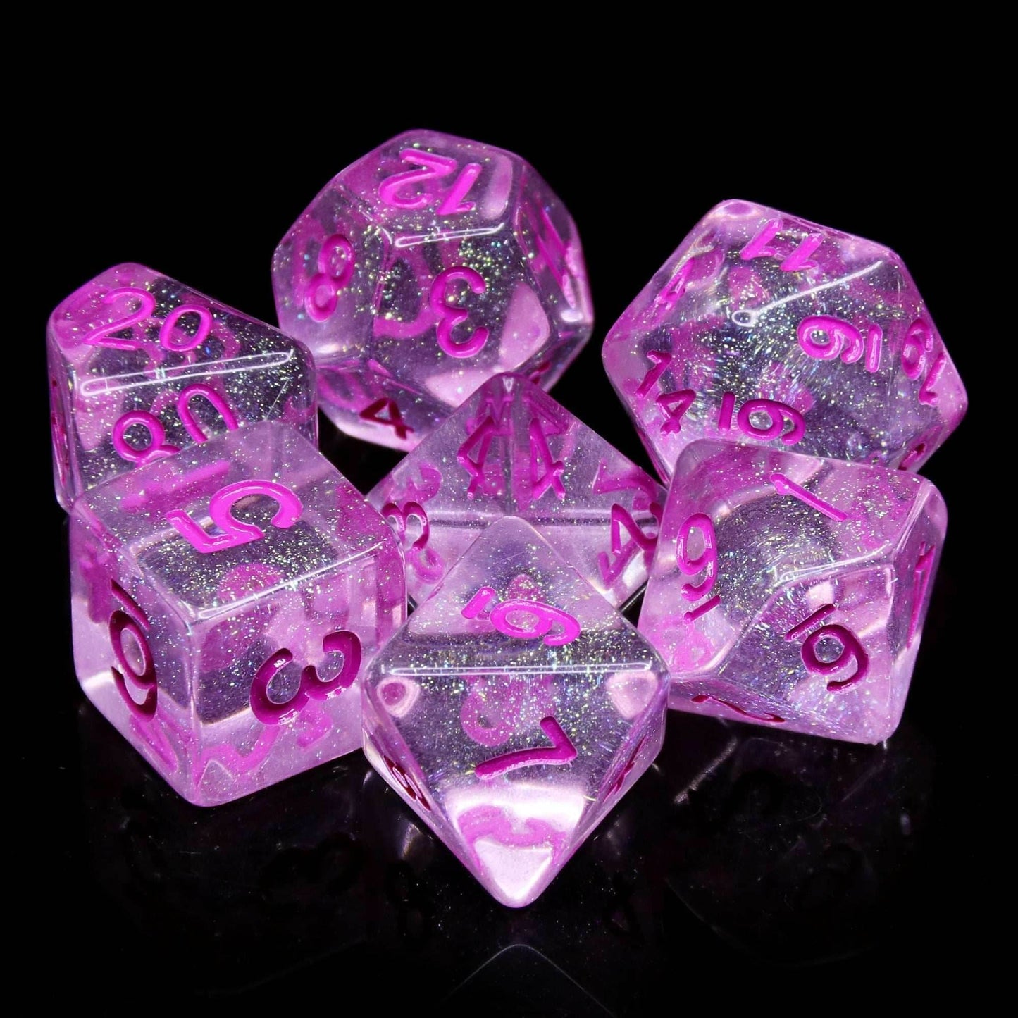 Pink World Glitter Pink with Pink Numbering 7-Dice Set RPG -