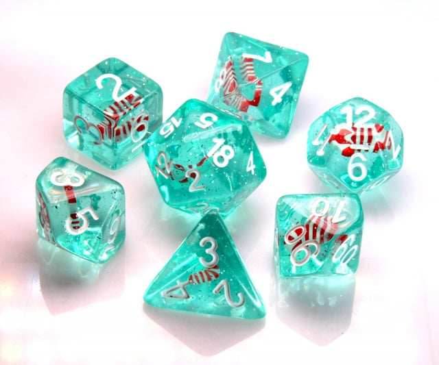 Translucent Teal w/Red & White Stocking Inclusion 7-Dice Set RPG DND -