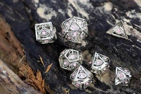Dragon's Eye Hollow Metal Dice Set - Pink Gems -
