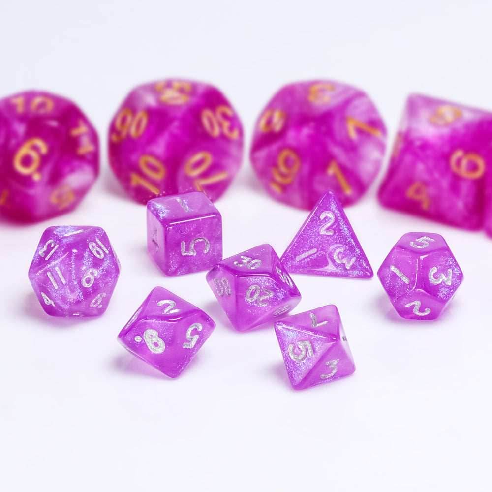 Glitter Pink 7-Dice Mini-Dice RPG Set w/Silver Numbers Miniature Dice -
