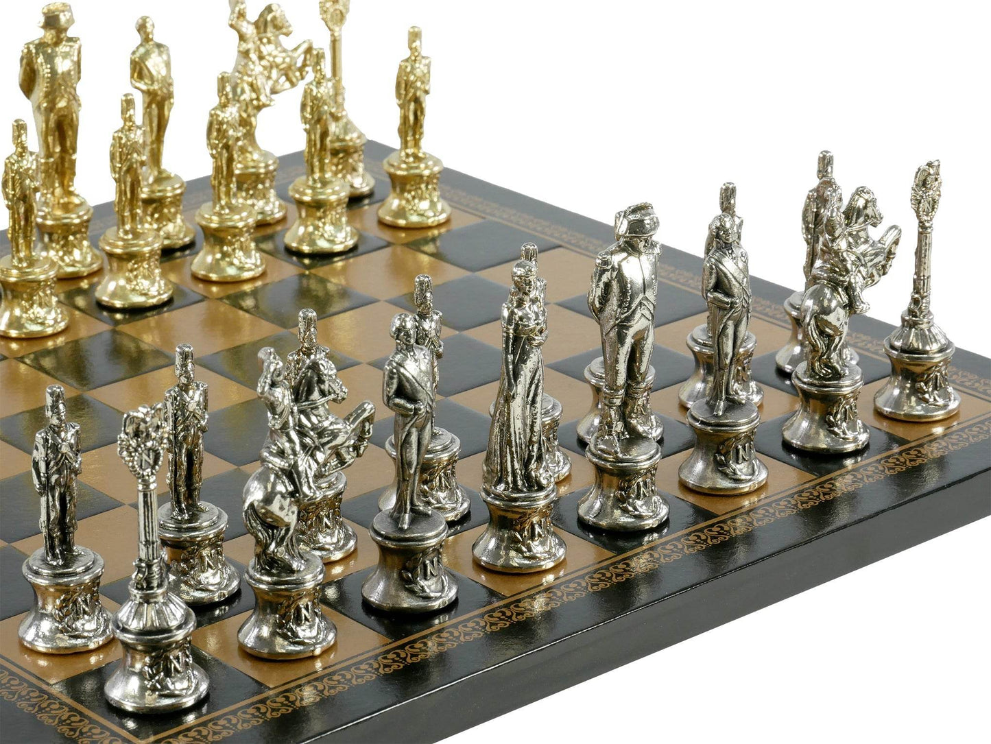 Chess Set- Napoleon Character Metal Men on Gold/Black Leather Chess Board -