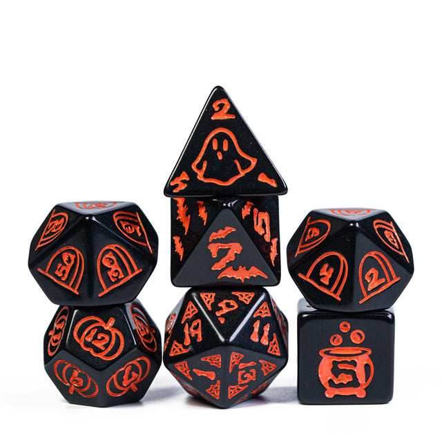 Halloween Black w/Orange | Pumpkin/Ghost/Bat/Cauldron 7-Dice Set DND -