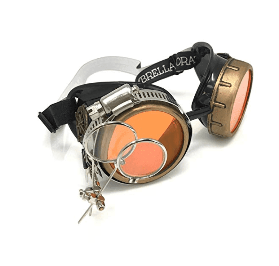 Steampunk Goggles with magnifying loupes UV glow neon orange prism diffraction lenses -