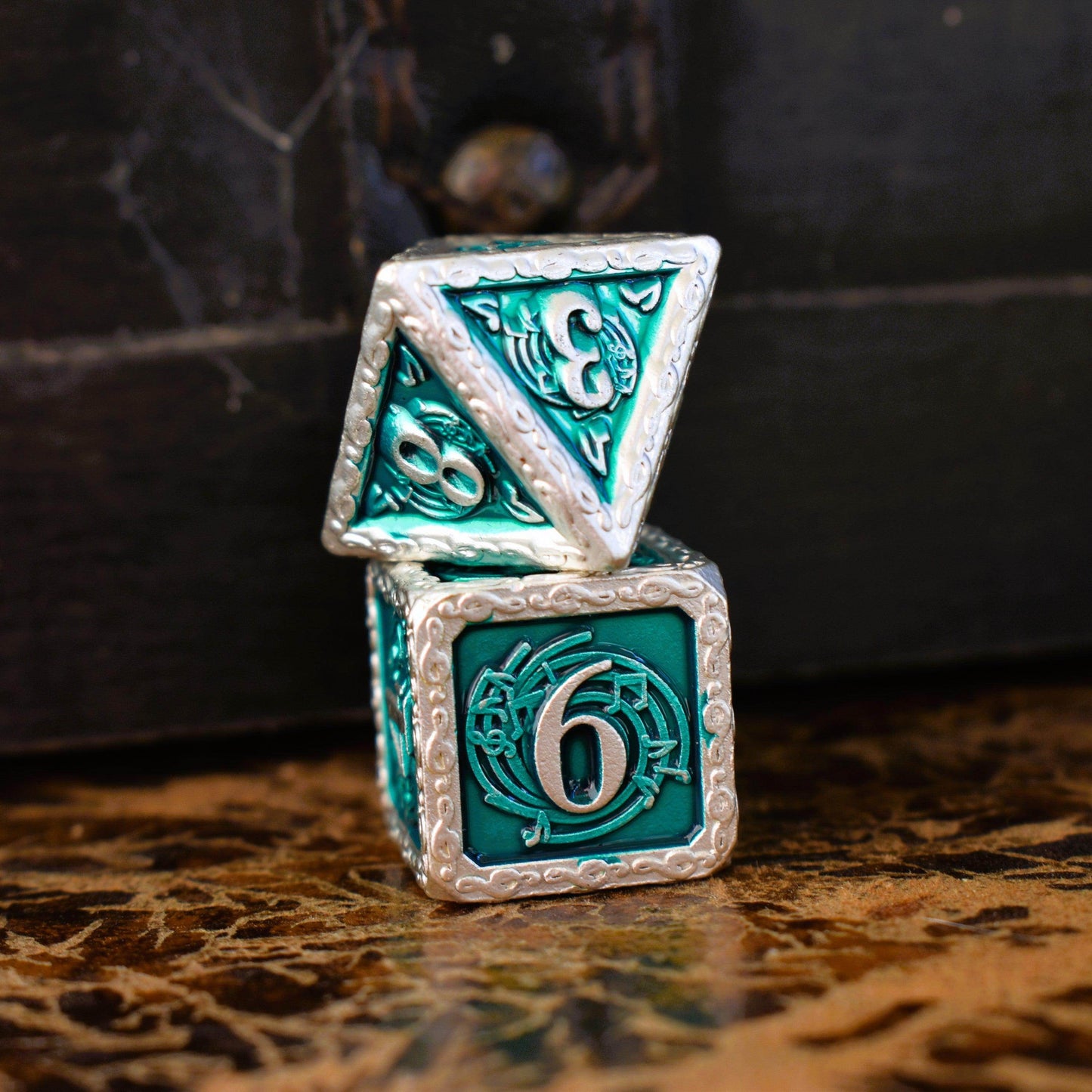 Ballad of the Bard Green and Silver Metal Dice Set -