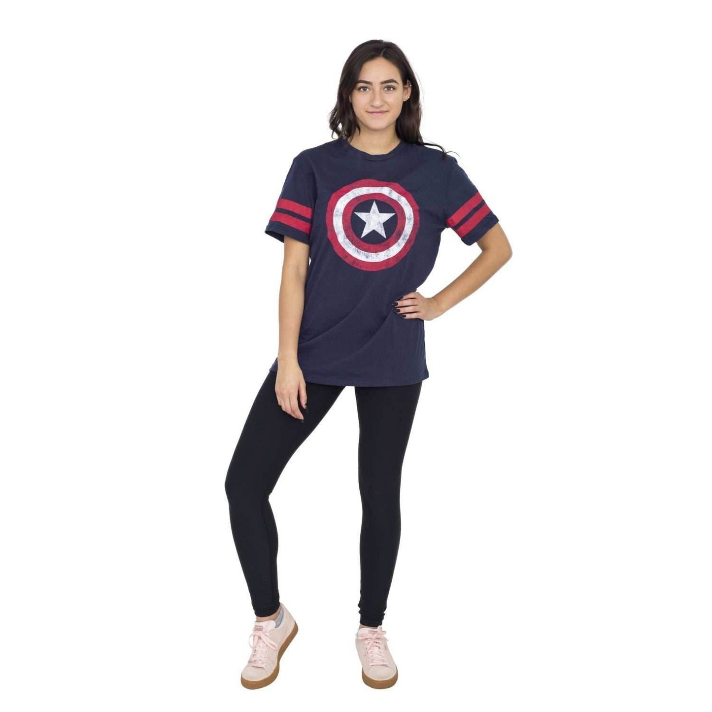 Captain America Distressed Shield Striped Sleeves T-shirt - S
