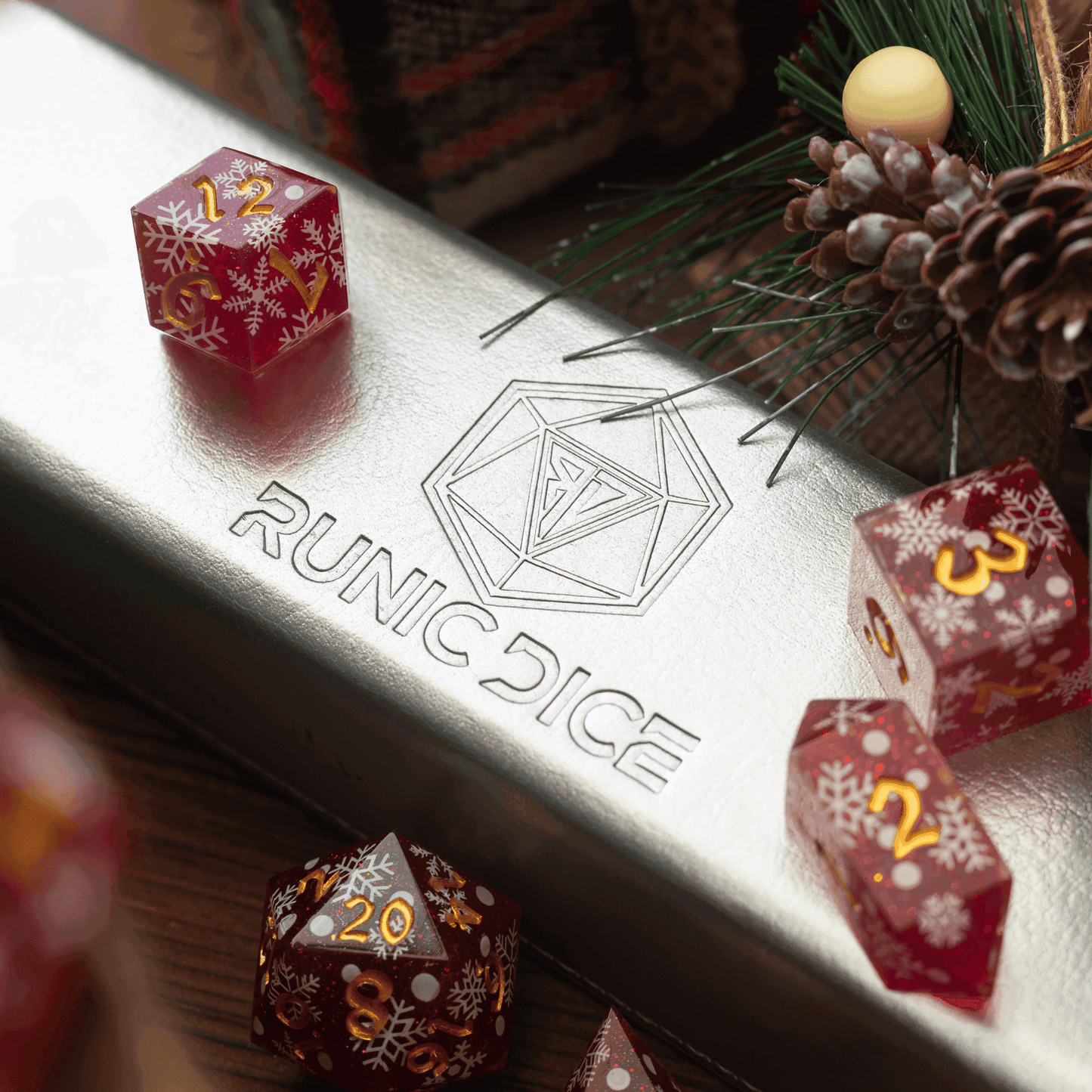 Christmas Red Snowflake Handmade Resin DND Dice Set -
