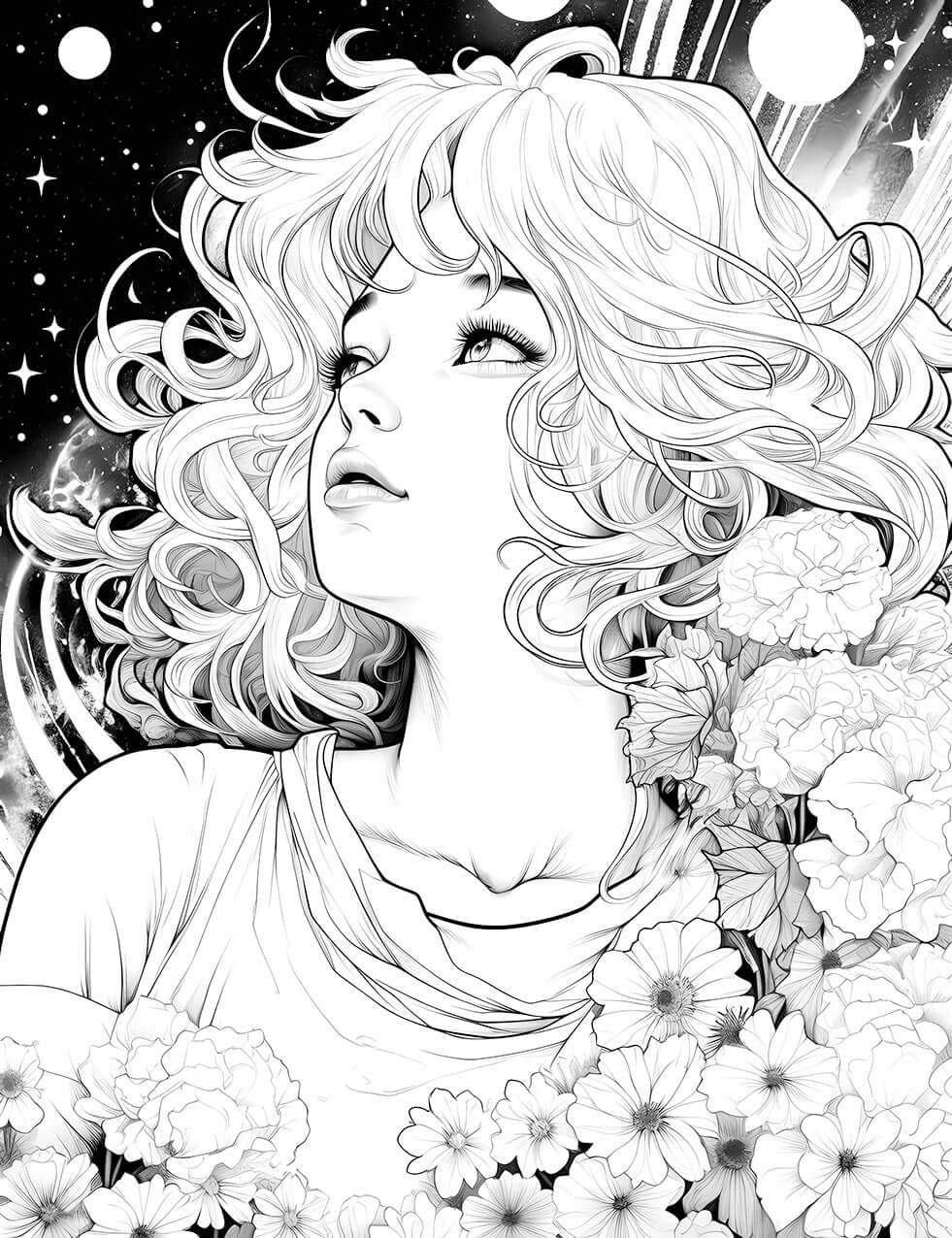 Cosmic Bloom Coloring Page | Celestial Floral Art Download