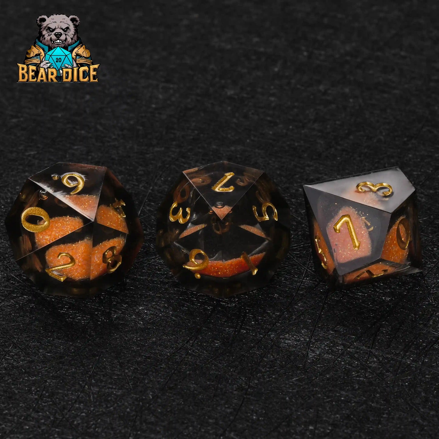 Orange Resin d10 Die + Gold Numerals (Ten-Sided Die)