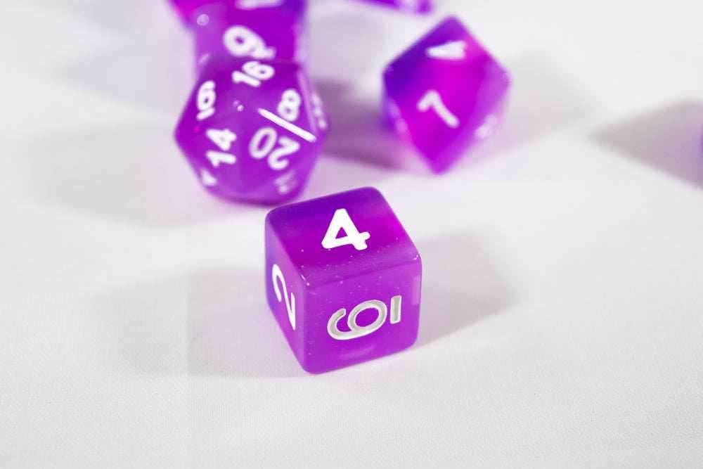 Translucent Purple Aurora Poly Dice Set Purple Violet (7) White Numbers New RPG DnD HDdice -