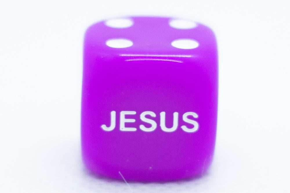 10-Pack Purple 16mm d6 Dice Featuring 'JESUS' on the 6 side -