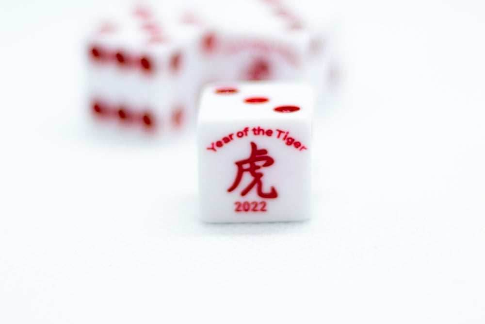 10-Pack Year of the Tiger Opaque White w/Red 16mm d6 Dice on the '1' side -
